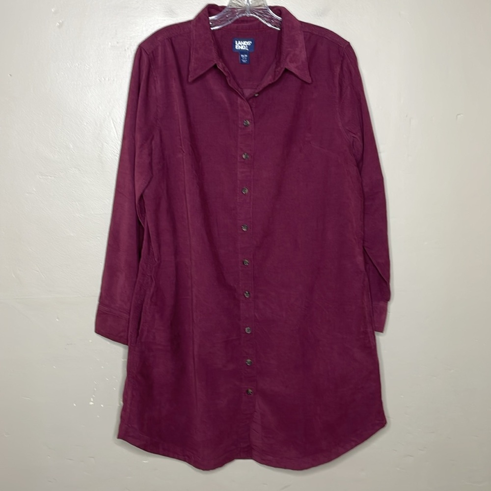 LAND’S END Corduroy Shirt Dress Burgundy Button Front Trad Wife Country M/P